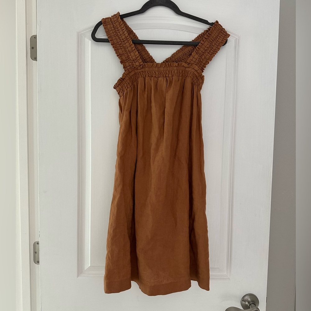 Everlane Smocked Linen Dress in Tawny Brown